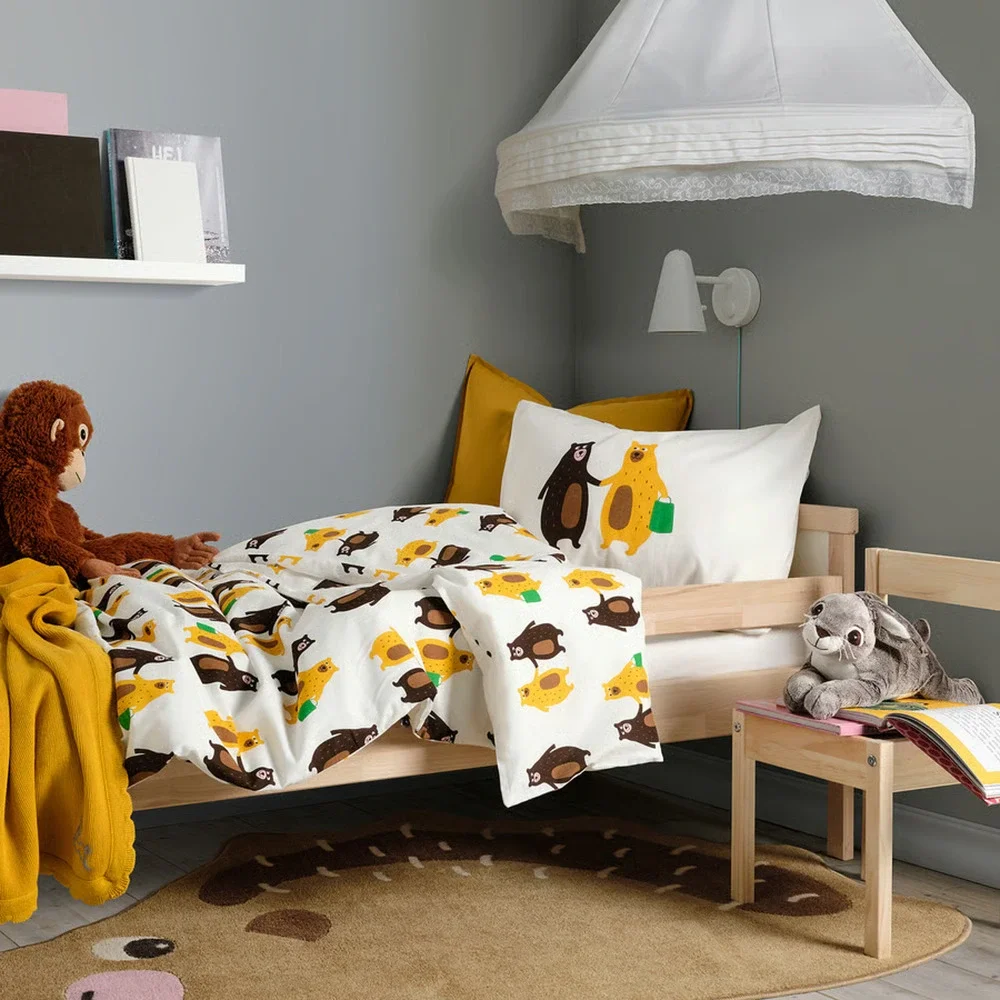 IKEA BRUMMIG Duvet Cover Pillowcase Bear Yellow Brown Twin 305.211.50-NEW
